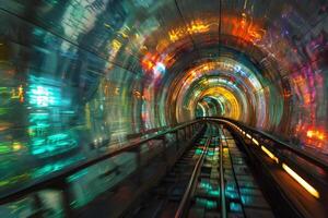 Train moving through futuristic tunnel with light trails background photo