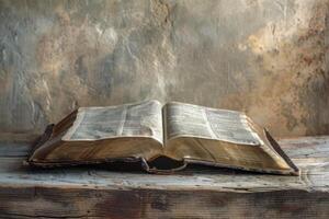 Old dusty book open on rustic wooden table with grunge background photo