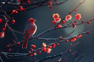 Beautiful red bird standing on a branch covered with red flowers photo
