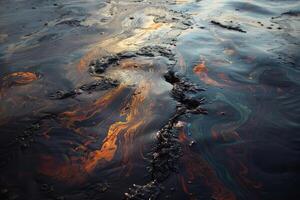 Crude oil is forming colorful abstract shapes on the surface of the water photo