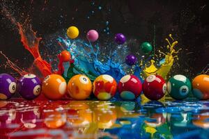Billiard balls getting splashed with colorful paint on black background photo