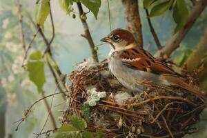 Sparrow bird sitting on nest full of eggs getting ready to hatch in spring photo