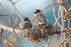 Two sparrows sitting on a cozy nest in a tree branch photo