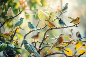 Colorful birds perched on branches in a tree displaying their vibrant colors photo