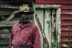 Weathered black farmer standing in front of a red barn photo