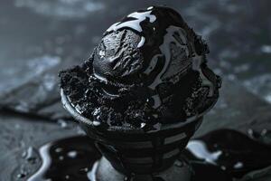 Black ice cream dripping in a dark cup on a slate background photo