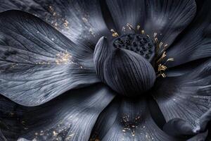 Macro photography of a black lotus flower with golden glitters photo
