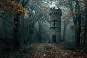 Stone tower standing in foggy forest with dirt road leading through autumn trees photo