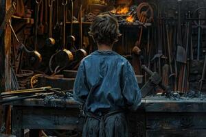 Young apprentice standing in a blacksmith workshop photo