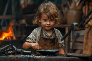 Little blacksmith working metal in the forge with fire in the background photo