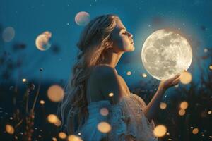 Woman holding moon in hands enjoying magical night with stars in background photo