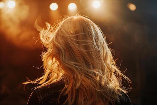 rubia cantante ejecutando en etapa con focos brillante foto