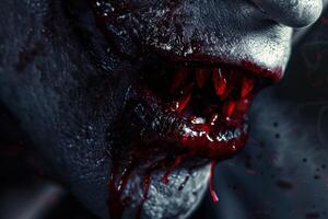 Scary vampire face showing sharp teeth with blood dripping photo