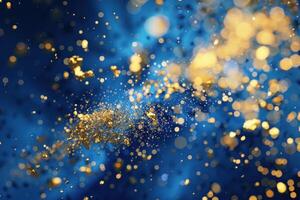 Golden particles exploding on a blue background with bokeh effect photo