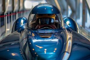 Race car driver wearing helmet sitting in car waiting for start of race photo
