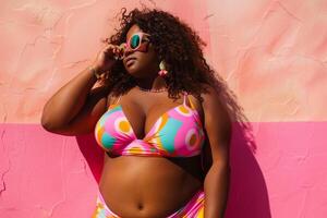 Beautiful plus size model posing in colorful swimsuit by pink wall photo