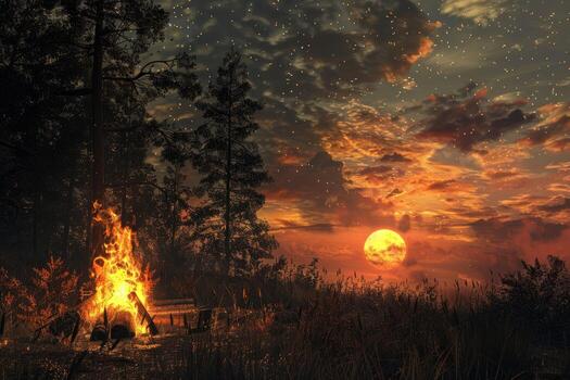 hoguera ardiente debajo un lleno Luna y un estrellado noche cielo foto