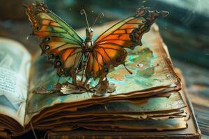 Mechanical butterfly resting on open antique book with world map photo