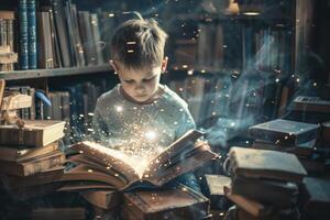 Curious boy finding magic while reading fairytale in library photo