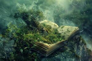 Open book creating fantasy world with growing tree and flying birds photo