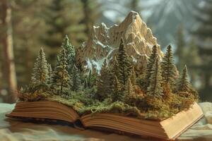 Miniature mountain range growing from open book symbolizing nature writing photo