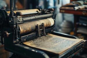 Old industrial printing press creating text on paper photo