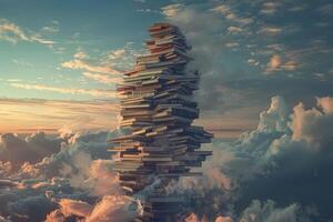 Stack of books reaching high above the clouds at sunset photo