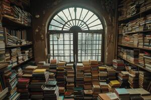 Old library interior showing bookshelves full of books and large window photo