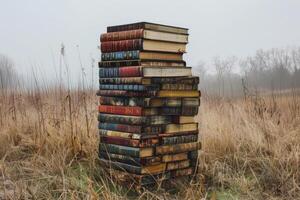Stack of old books standing in a field on a foggy day photo