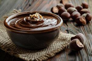 Bowl of chocolate hazelnut cream surrounded by hazelnuts on rustic wooden table photo