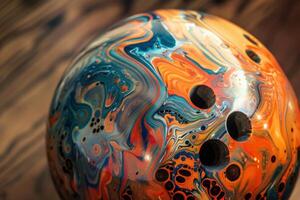 Colorful bowling ball resting on wooden lane awaiting player photo