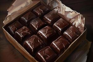 Cardboard box overflowing with delicious square chocolates photo