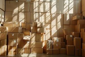 Sunlight streaming through warehouse windows illuminating stacks of cardboard boxes photo