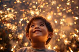 Little boy smiling and looking up at fireworks display photo