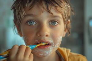 Young boy enthusiastically brushing teeth with toothpaste foam on face photo