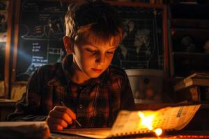 Boy writing by candlelight studying world map photo