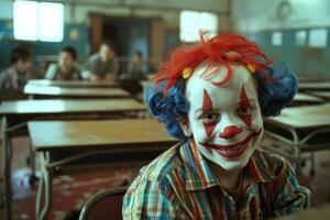 Boy wearing clown makeup smiling in classroom with students in background photo