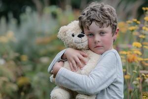 Sad child hugging teddy bear standing in a field of flowers photo