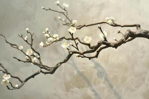 Delicate white flowers blooming on branch against textured background photo