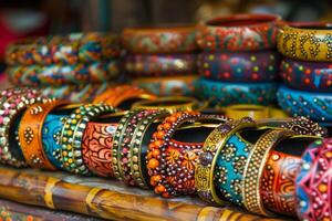 Colorful handmade bracelets are displayed on a wooden stand photo