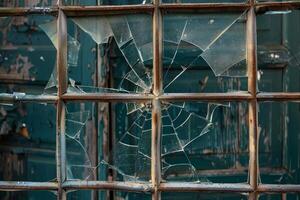 Old broken window showing signs of vandalism and decay photo