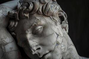 Ancient cracked statue face showing the wear of time photo