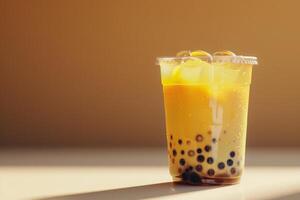Refreshing iced bubble tea with tapioca pearls on a sunny day photo