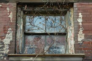Dead branches growing over old window of abandoned building photo