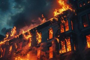Massive fire engulfing apartment building at night photo