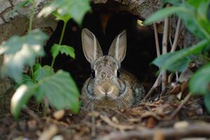 Wild rabbit hiding under tree roots and leaves photo