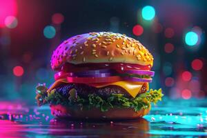 Delicious burger standing on table with colorful bokeh lights background photo