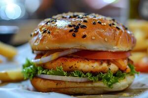 Delicious chicken burger with lettuce and tomato on sesame seed bun is waiting to be eaten photo