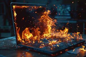 Burning laptop computer with flames showing technology failure photo