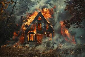 Abandoned house burning in wildfire consuming everything in its path photo
